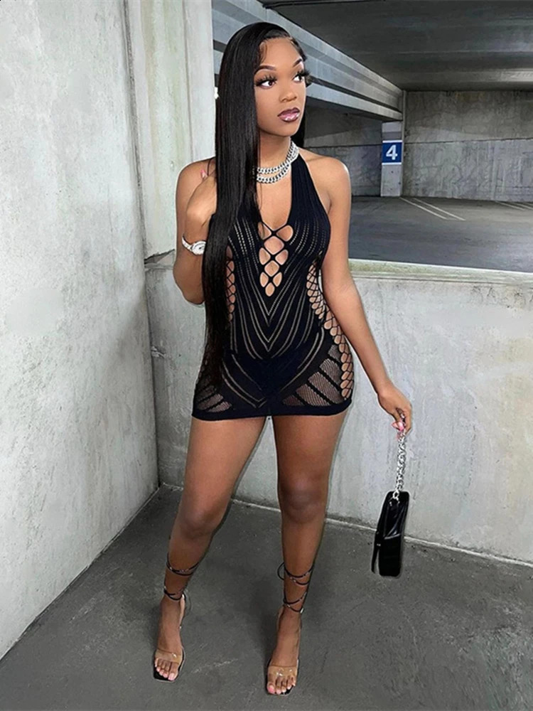 Transparent Lace Short Dress Backless Hollow Halter Nightgown Sexy Womens Pajamas Nightwear Nightdress Party Club Mini Dresses 250227Z