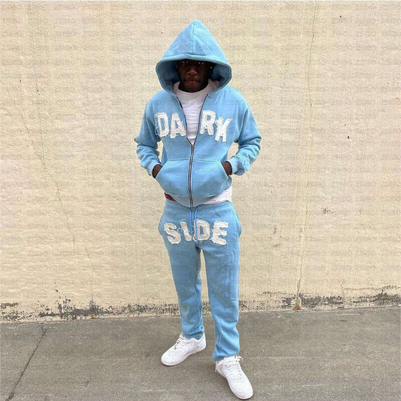 Autumn winter letter sticker hooded cardigan zipper jacket hip-hop loose pants men's and women's trendy brand set batch