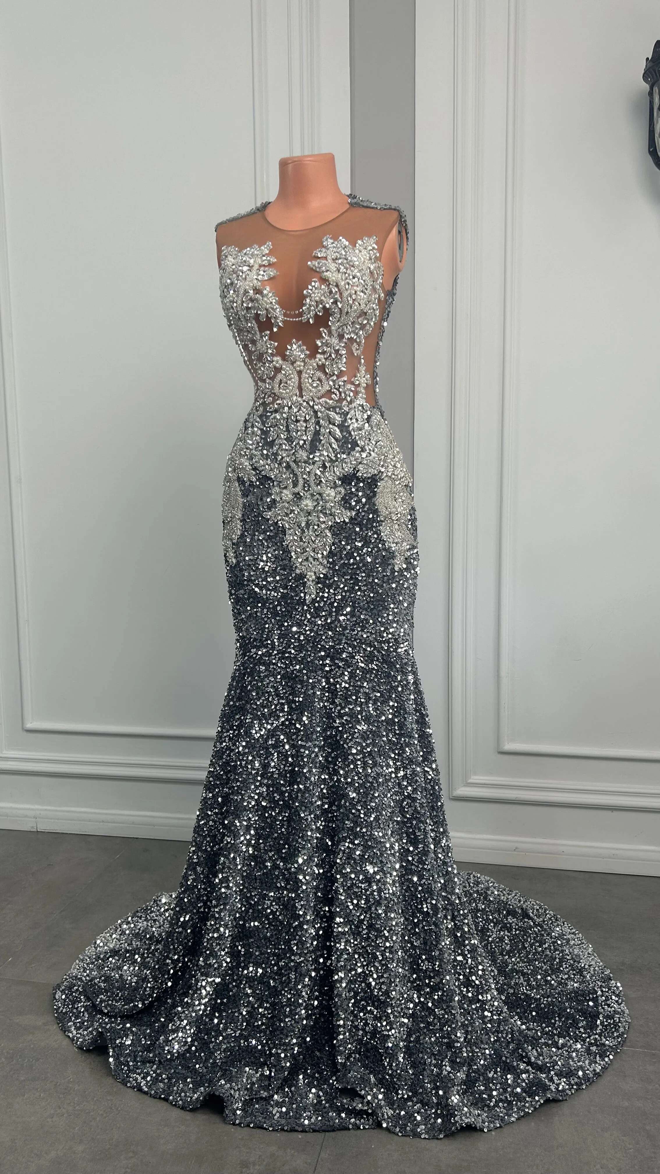 Gorgeous Long Mermaid Dresses 2025 Sexy Sheer Mesh 3D Lace Beaded Sparkly Sier Sequin Black Girls Prom Gowns