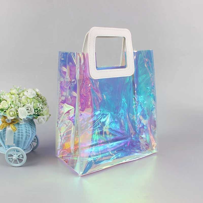New Arrival Clear Tote Bag Holographic Rainbow Shopping Bag Multi-Use Big Capacity Shoulder Handbag for Work Gym Sports Travel Beach T250303