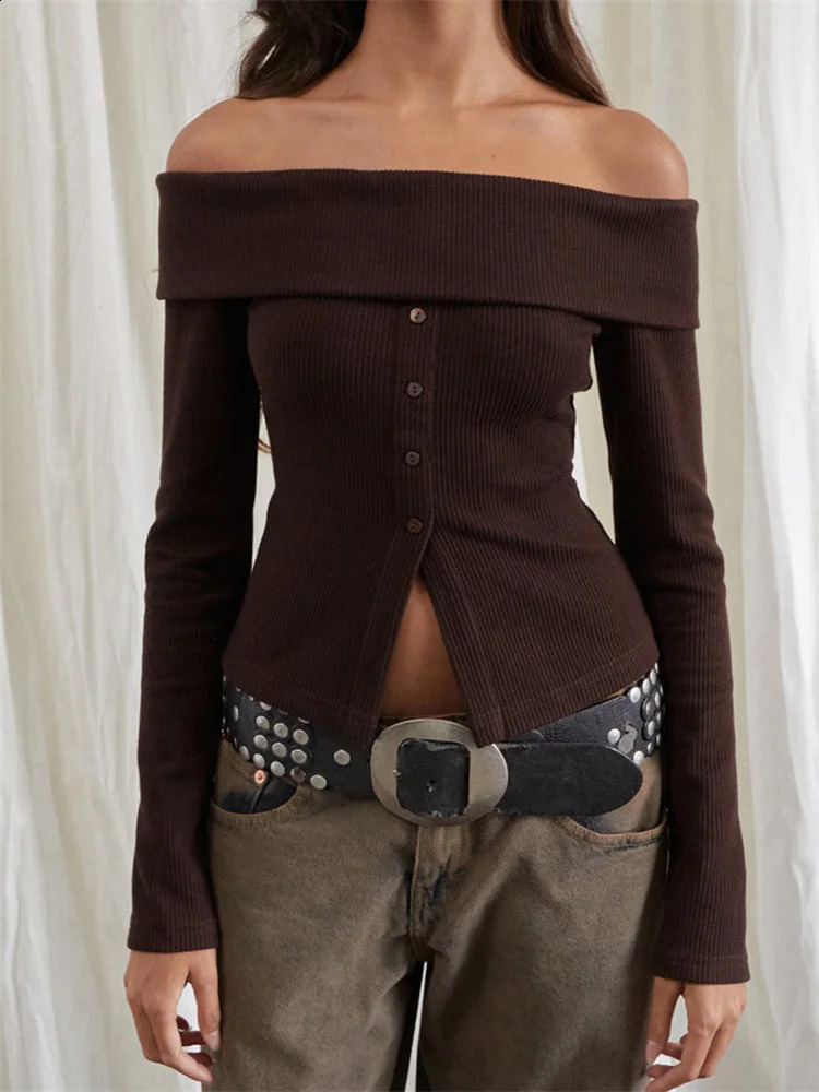 CHRONSTYLE Womens Sweaters Long Sleeve Slash Neck Offshoulder Tops Buttons Clre Solid Slim Fit Ladies Pullovers Clubwear 2025 250225