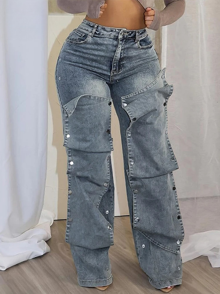 Fashion Straight Jeans Women's Detachable Button Decoration Denim Wide Leg Pants High Waist Hipster Streetwear Bottoms