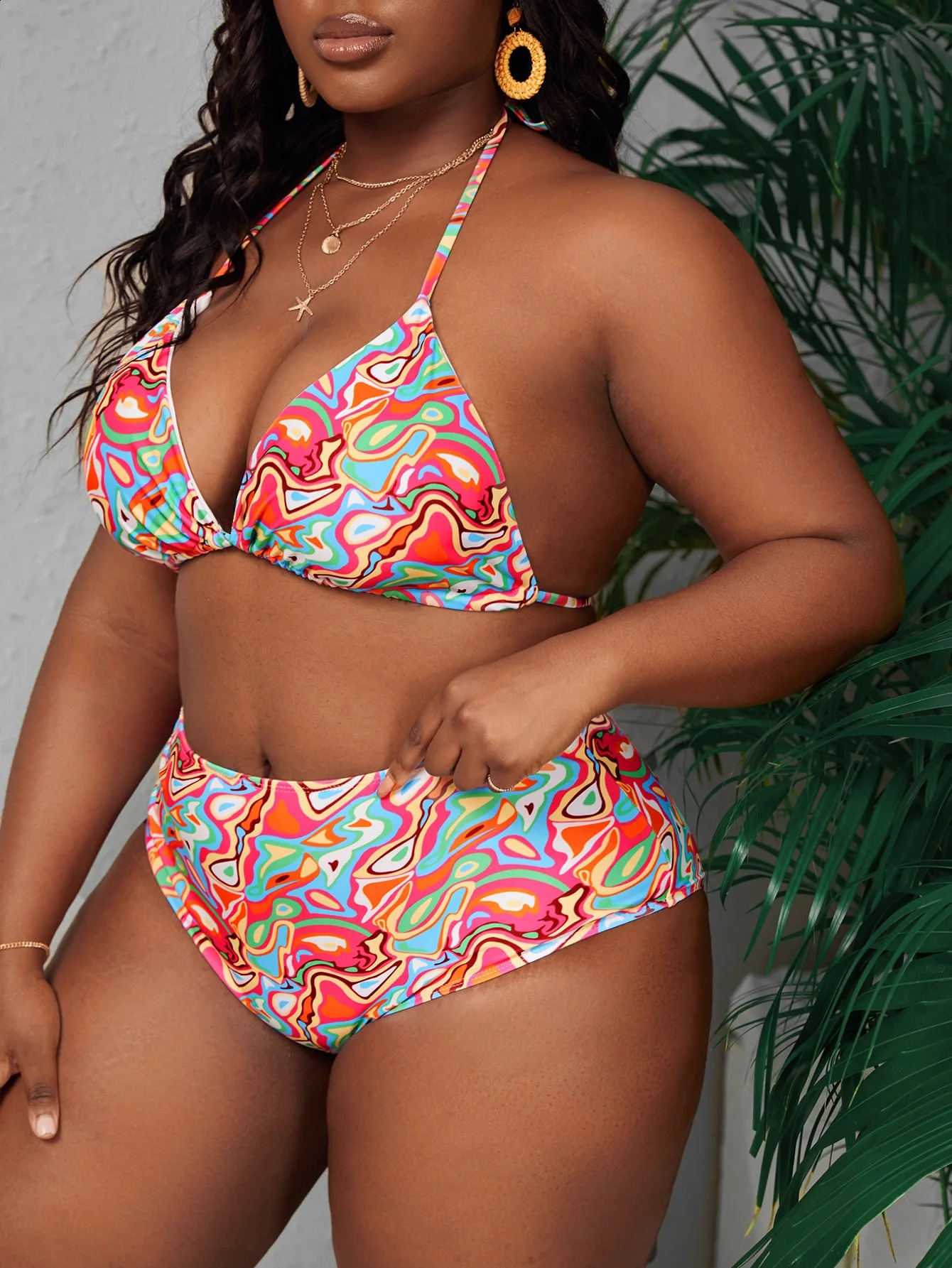 Womens bikini set 2024 summer plus size printed bandage twopiece swimsuit sexy beach 250211