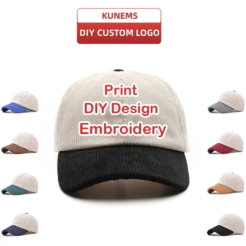 KUNEMS DIY Custom Baseball Cap for Men and Women Autumn and Winter Corduroy Patchwork Print Embroidery Hat Wholesale Unisex 250228