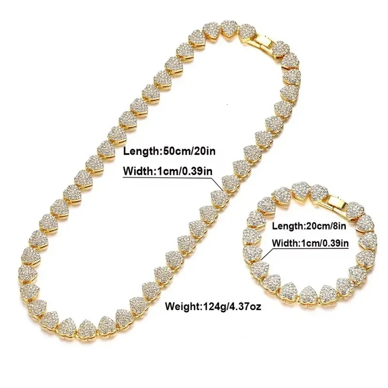 Hip Hop Heart Shape Cubin Chain Gold Plated Necklace For Full Crystal Stone Iced Out Men Jewelry