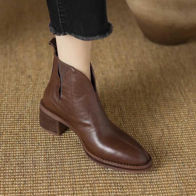 2024 Autumn Women Boots Genuine Leather Shoes for Women Pointed Toe Chunky Heel Shoes Slip-on Ankle Boots Handmade Western Boots Z250303