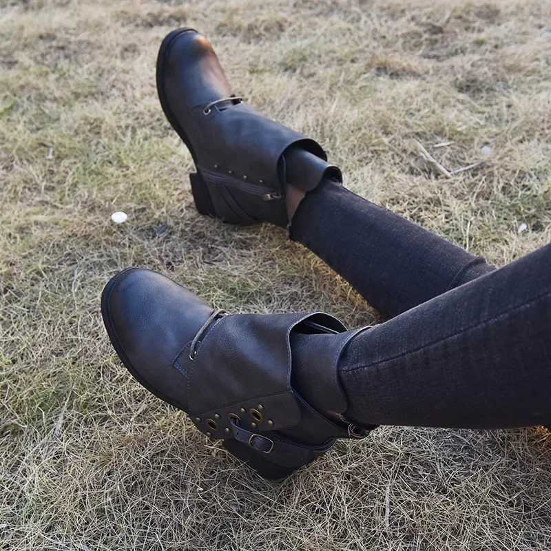 Womens Ankle Boots Women Female Autumn and Winter Low Heels Ladies PU Leather Shoes Vintage Zip Boots Drop Shipping 2024 Z250303