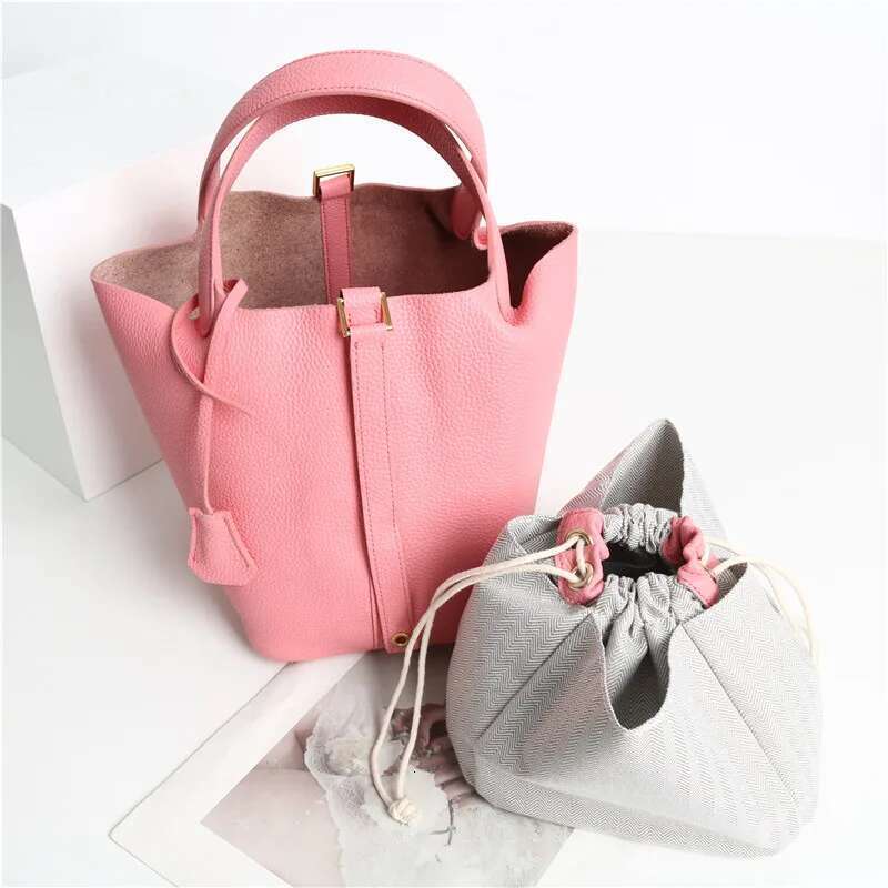 New Women's Basket Genuine Leather Underarm One-Shoulder Handbag Small Tote Inside Crossbody Bucket Bag
