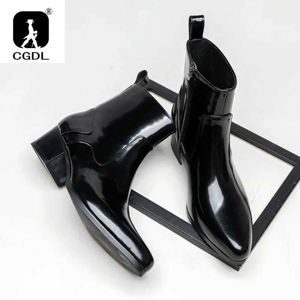 Patent Leather Mens Platform Boots with Heels Luxury Real Cow Leather Winter Warm Shoes Increase Height 5 Cm Side Zip No Laces Z250303