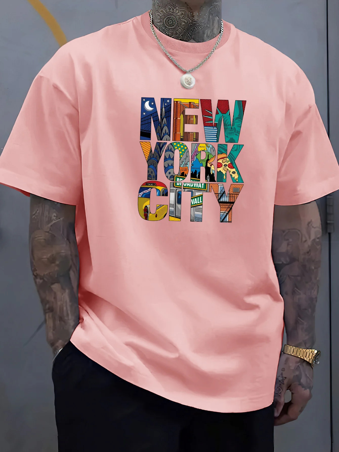 Summer Men 100 Polyester Comfortable Casual Loose Plus Size YORK CITY Printed Sports Round Neck Short Sleeved Tshirt Top 250303
