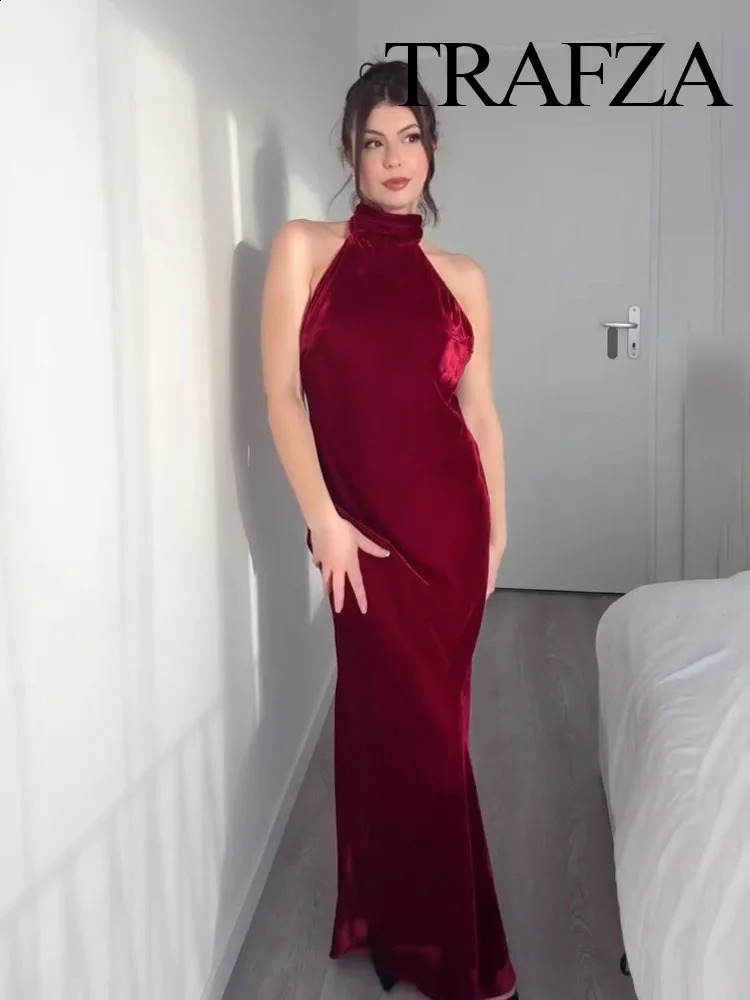 TRAFZA Summer Fashion Women Dress Solid Sleeveless Backless Bow Decoration Zipper Female Elegant Slim Long Dresses 5 Color 250228