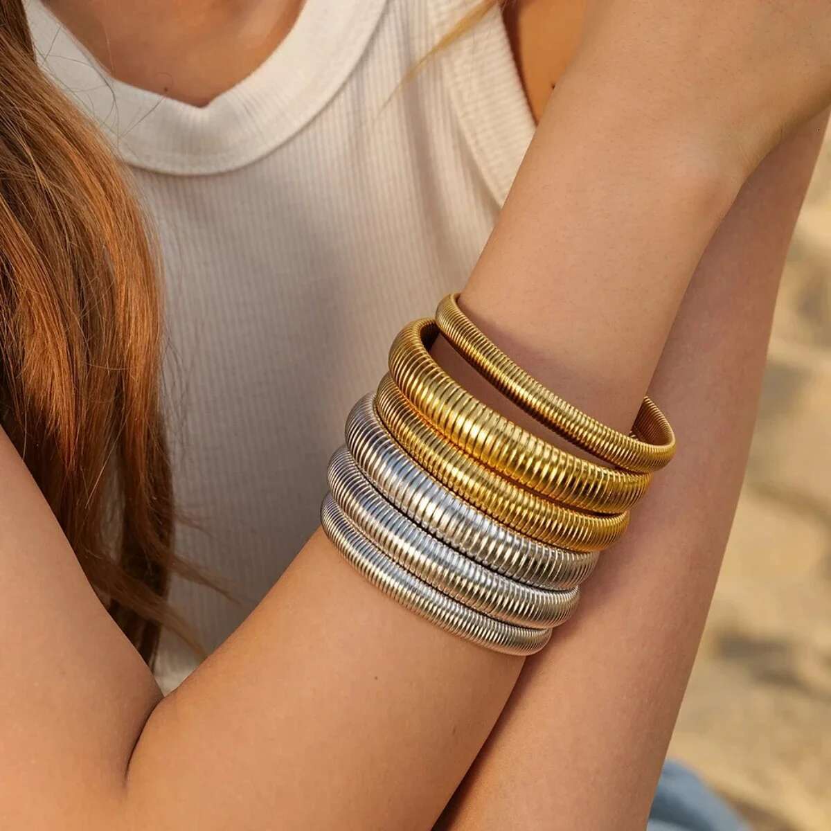 Stainless Steel Texture Flex Snake Chain Cuff Gold Plated Wide Bracelet Bangle Fashion Jewelry Women Gifts
