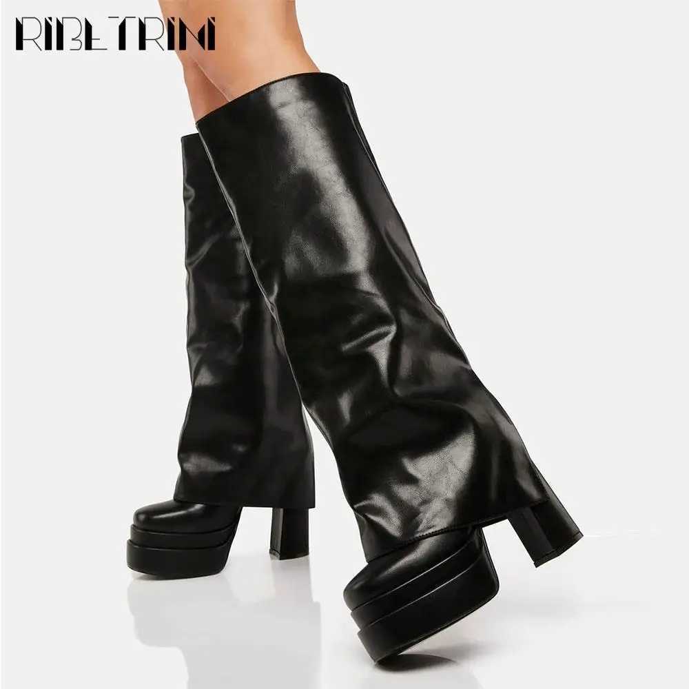 INS Brand Winter Women Fold Over Boots Chunky High Heeled Double Platform Shoe Knee High Luxury Punk Goth Sexy Street Boots Z250303