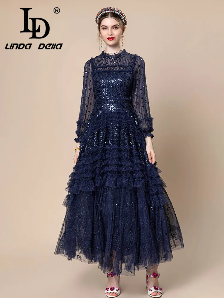 LD LINDA DELLA Style Fashion ner multicolor Dress Womens Extra large Sequins Cascading Ruffle Lace Splice Long 250228