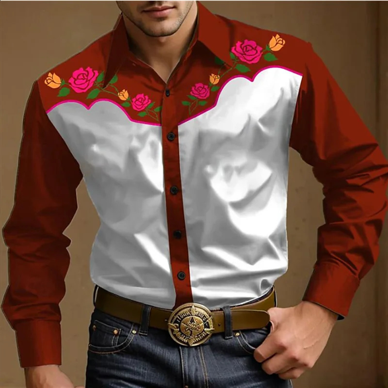 Western Shirts Mens Denim Floral Button Shirt Outdoor Festival Tops Soft and Comfortable Vintage Lapel S6XL 250226