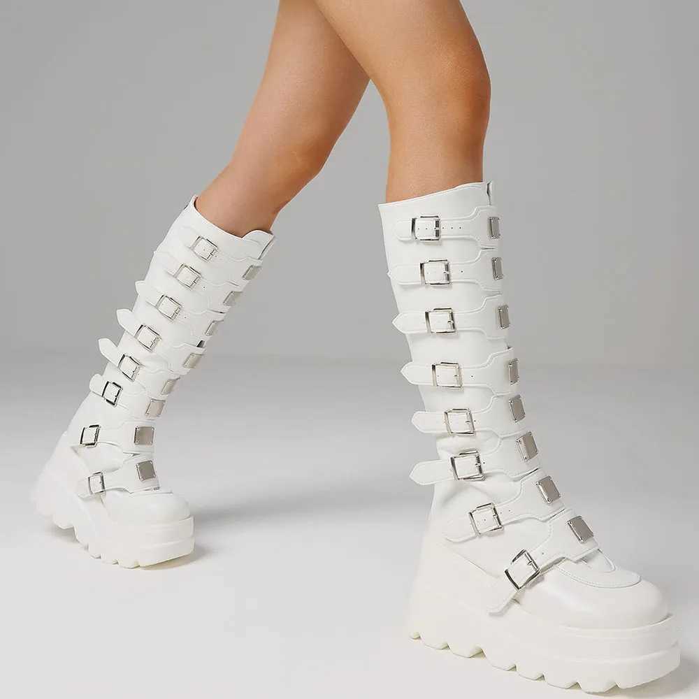 Punk Gothic Womens Knee High Boots Round Toes Multi metal Buckle Zipper Motorcycle Boots Nightclub Christmas Shoes Z250303