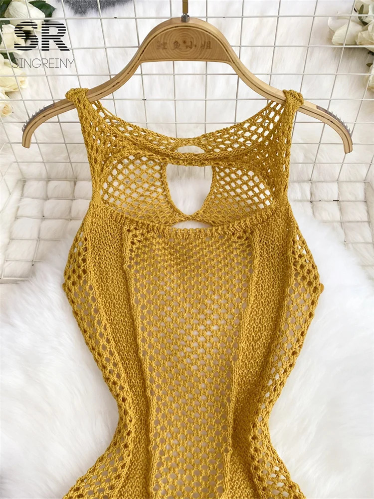 SINGREINY Yellow Sleeveless Jumpsuit Women Hollow Out O Neck Elegant Stretch Transparent Ladies Casual Summer Slim Rompers 250225