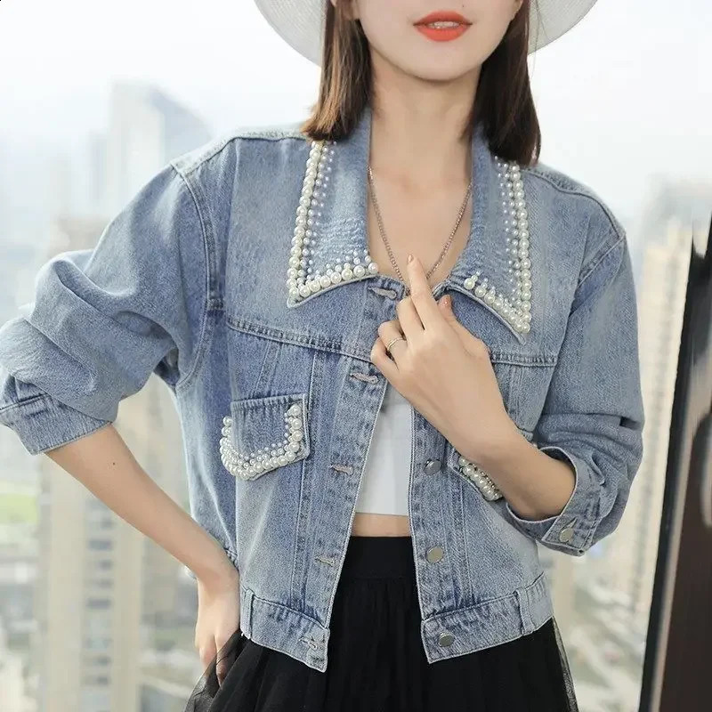 Trendy LooseFit Denim Jacket For Women Spring Autumn Style Korean Version Petite Cropped Pearl Clip 250228