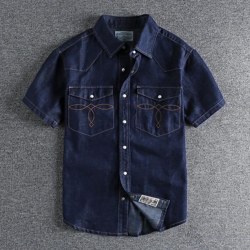 Summer American Retro Short Sleeve Lapel Denim Cargo Shirt Mens Fashion Pure Cotton Washed Old Multipocket Casual Blouses 250226