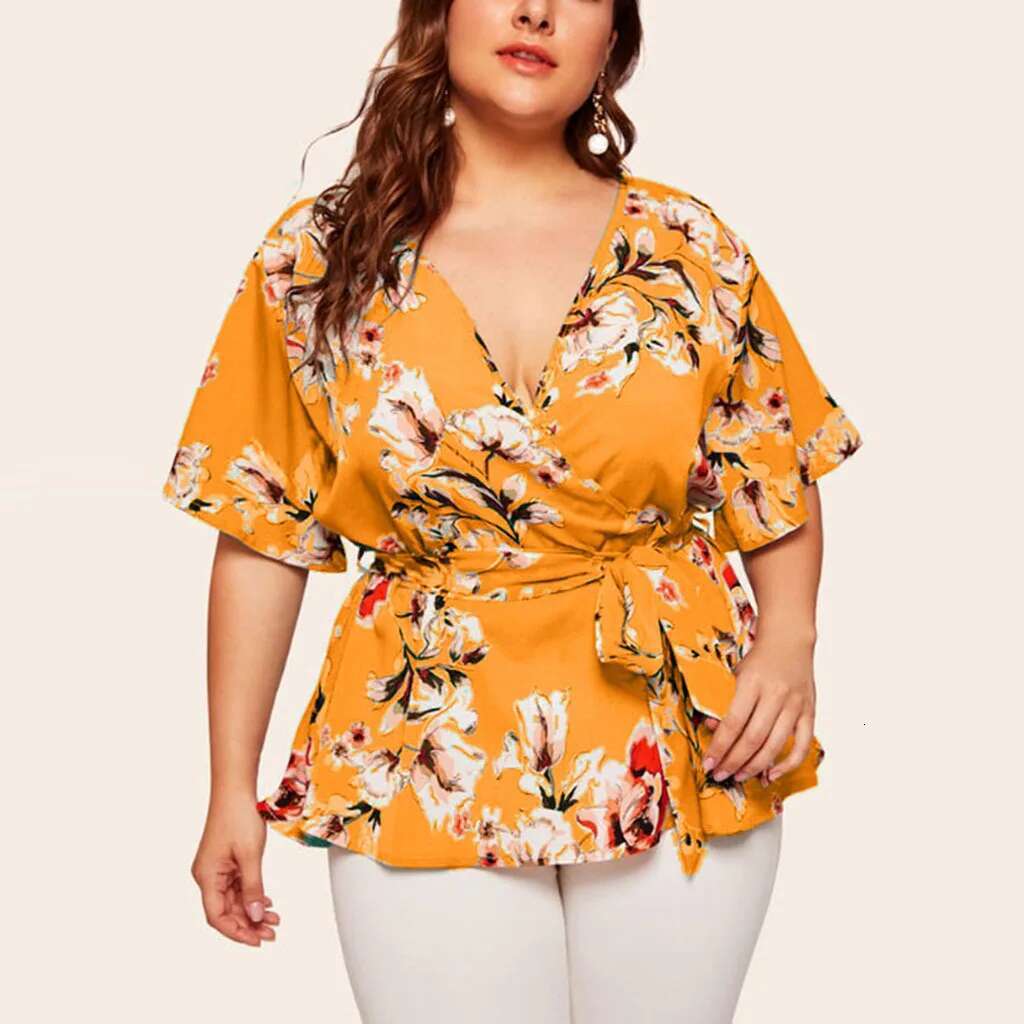Edressu 2022 Plus Size Women Chiffon Blouse Print V Neck Shirt Tops Casual Office Lady Wear Kym-802