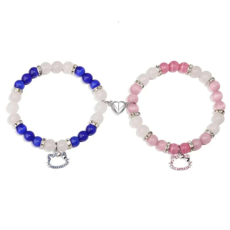 2 PCS Spider Charm Beaded For Best Friend Multi Color Cat Eye Heart Bracelet Set Red Blue Beads Fireball Spacer