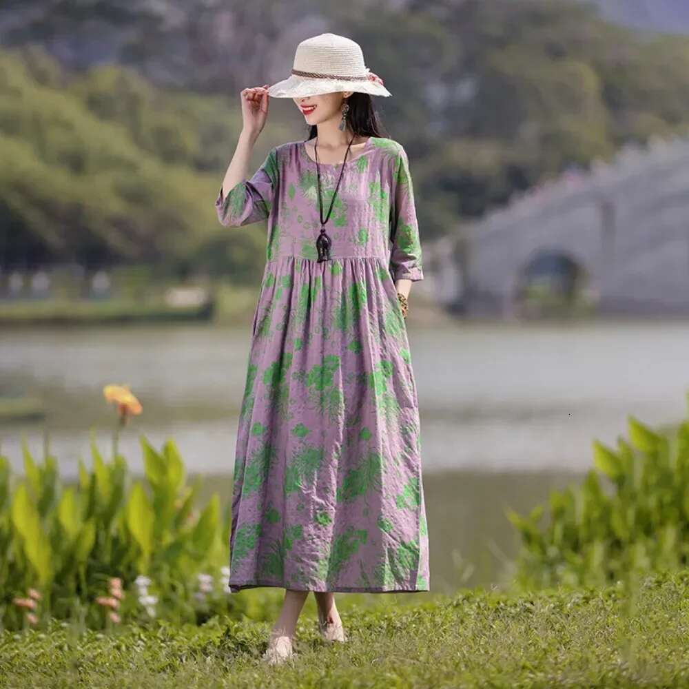Elegant Comfortable Loose Streetwear Clothing Summer Dress For Women Fashion Casual Vintage Ethnic Style Clothes Print