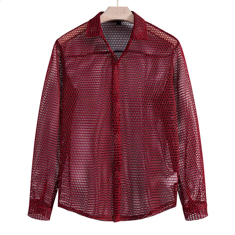 Mens Hollow Out Long Sleeve Mesh Shirt for Nightclubs Trendy SInger Stage Party Wear 250224