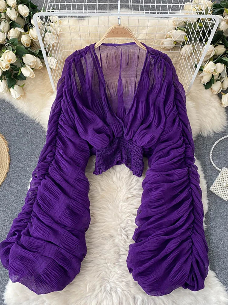 Summer Sexy Draped Chiffon Blouse For Women Elegant V-Neck Puff Long Sleeve Short Tops Female Slim Party Shirts Fashion 250303