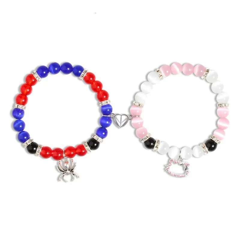 2 PCS Spider Charm Beaded For Best Friend Multi Color Cat Eye Heart Bracelet Set Red Blue Beads Fireball Spacer