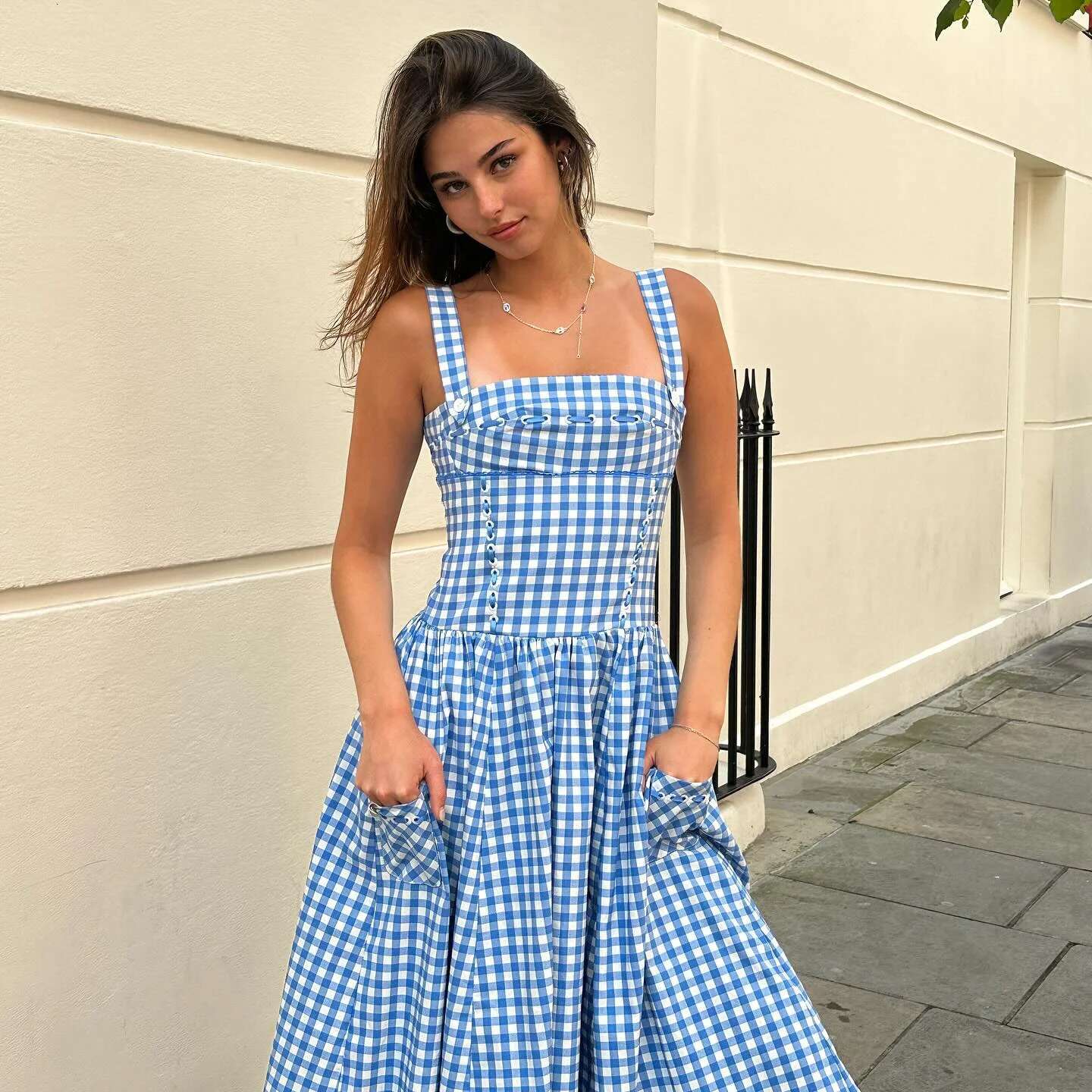 Summer Elegant Beautiful Women Dresses Midi Blue And White Plaid With Pocket Female Vacation Dress