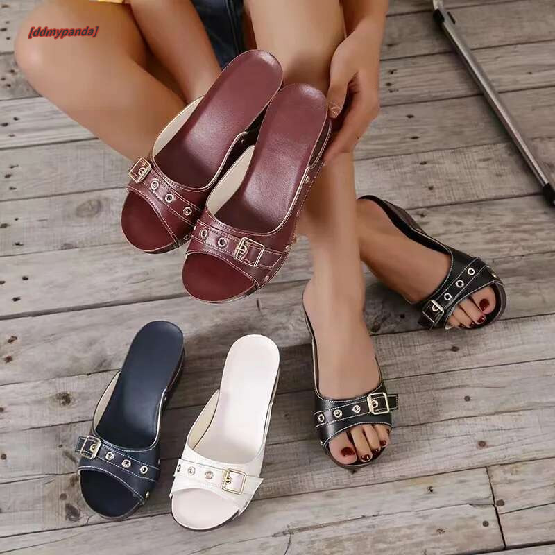 women Metal Buckle Women's Wedge Slippers 2023 Vintage Rivet Platform Sandals Woman Pu Leather Plus Size Summer Shoes 43 #ddmypanda