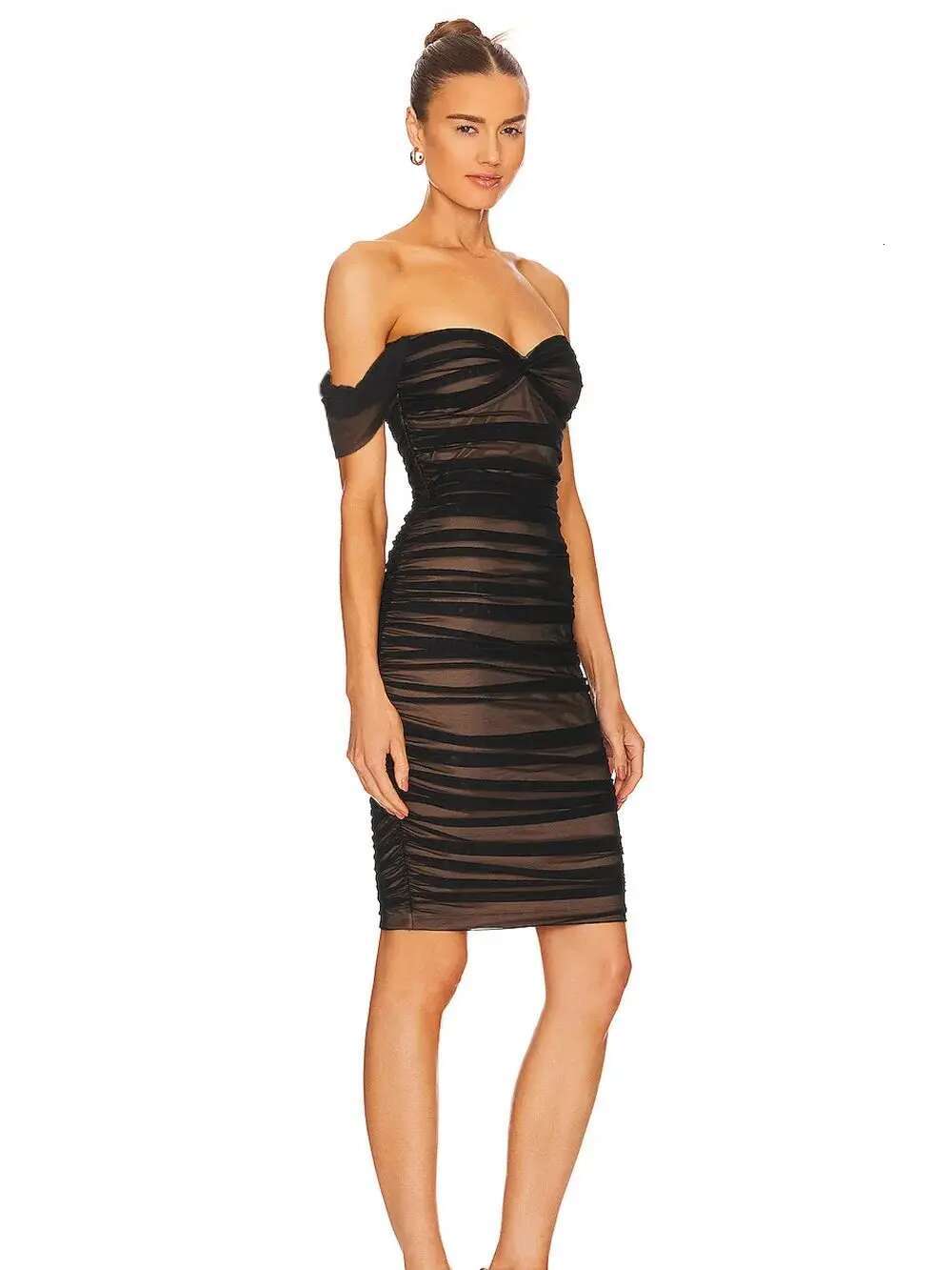 Summer Women Sexy Off Shoulder Mesh Ruched Black Elegant Prom Celebrity Bodycon Party Dress Vestido
