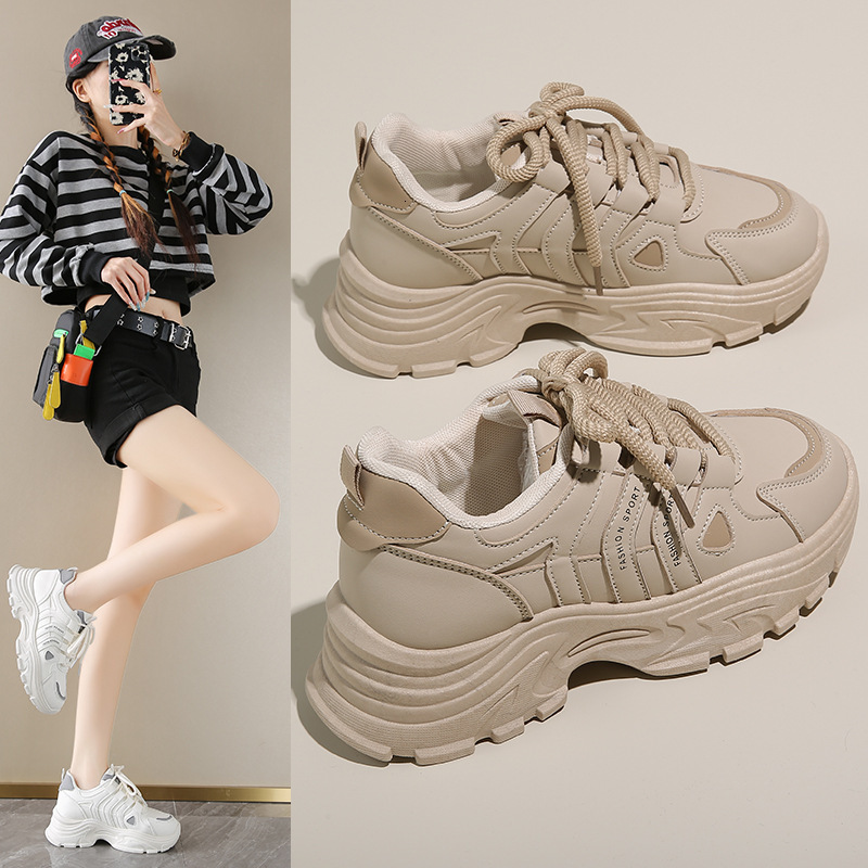 2025 Spring/summer New Designer Sports And Leisure Thick Soled High Rise Solid Color Leather Anti Slip Outdoor New Product Slimming And Small Ladies&#