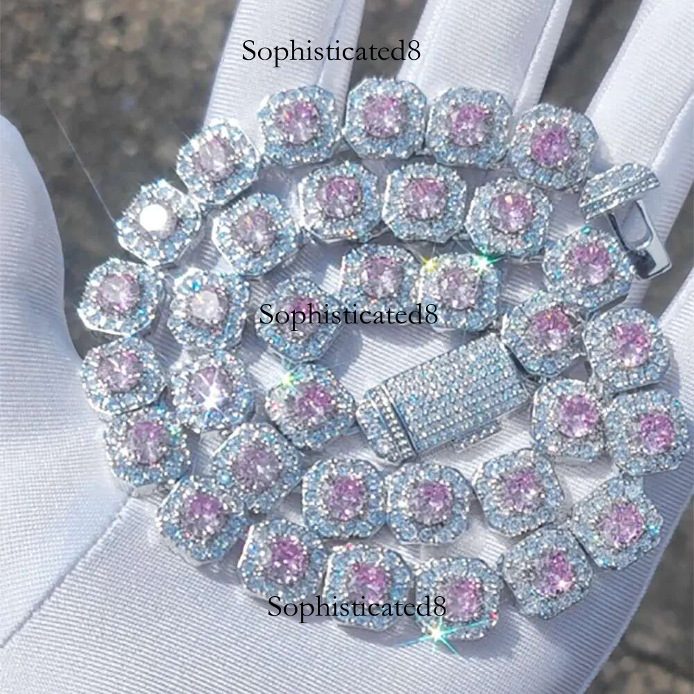 12mm Hip Hop Jewelry Pink/Treasure Blue/Sea Blue Girl Cluster Tennis Chain Cubic Zirconia Bg Dia CZ Necklace For Women