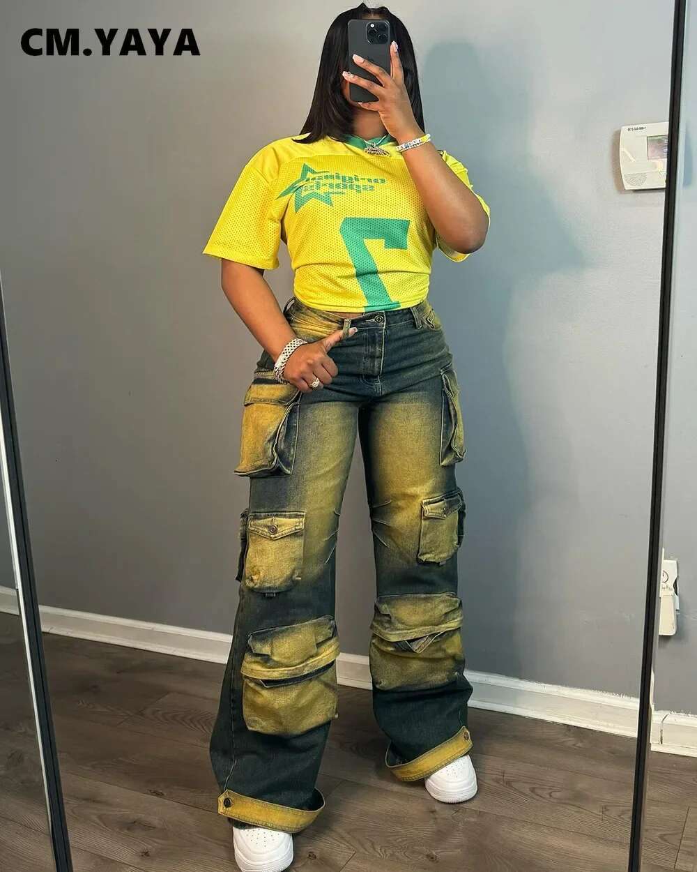 Cm.Yaya 2024 Women Fashion Multi Pocket Straight Washed Denim Pants Female Streetwear Safari Style Cargo Wide Leg Jeans