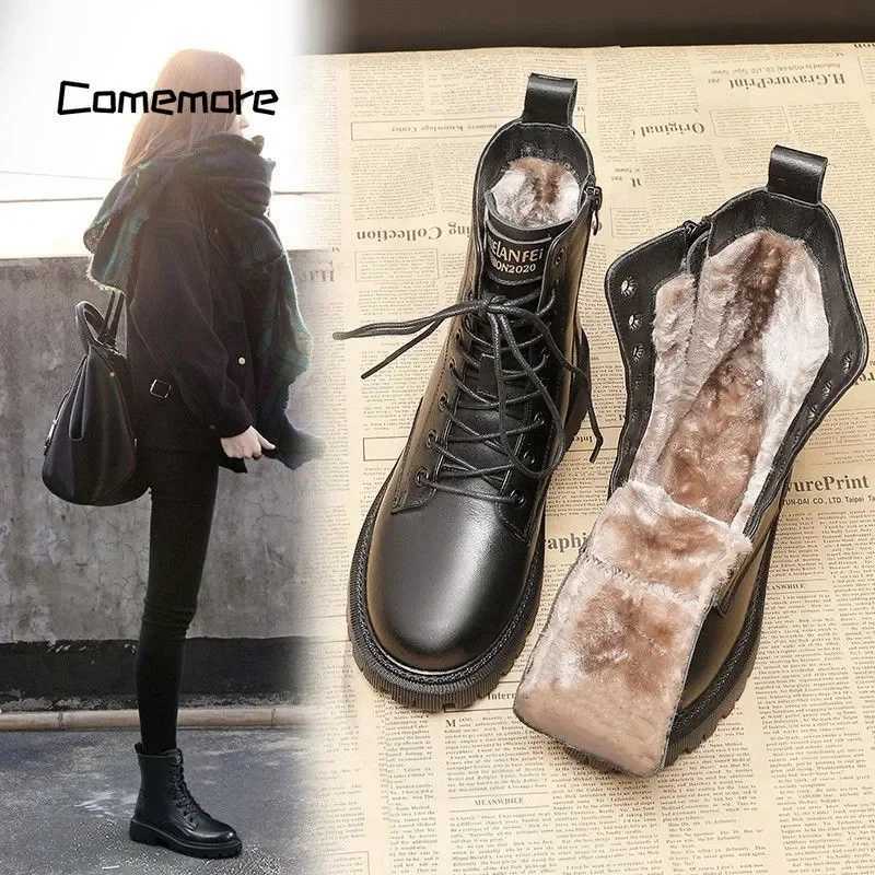 Luxury black leather boots ankle boots plush warm platform shoes British fashion Bottas winter fur boots womens shoes 40 Z250303