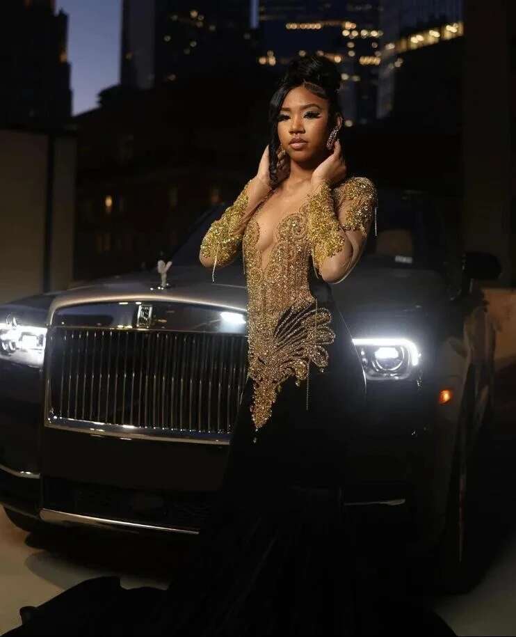 Black Veet Long Sleeve Trumpet Prom Dresses For African Women 2024 With Gold Crystal Beaded Sheer Mesh Birthday Gown vestidos
