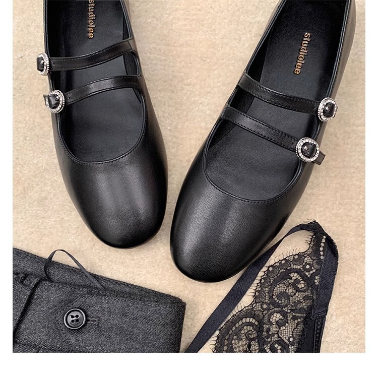 Instant Grape Mom Same Cute Round Head Diamond Double Buckle with Commuter Small Low Heel Mary Jane Single Shoe