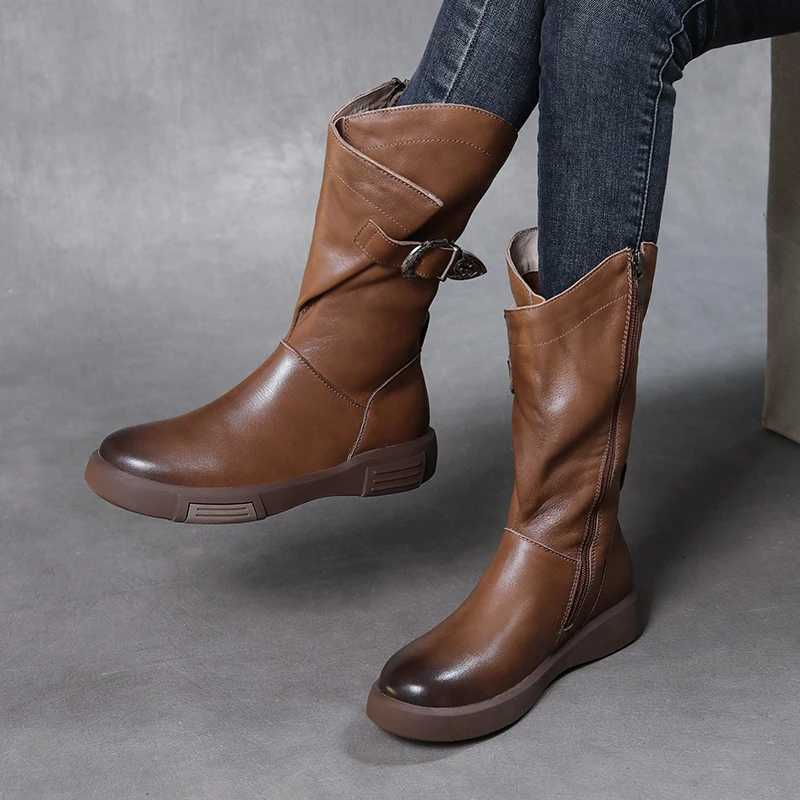 DRKANOL 2024 Luxury Design Genuine Cowboy Leather Mid calf Boots Womens Flat Side Zipper Round Toes Autumn Warm Knight Boots Z250303