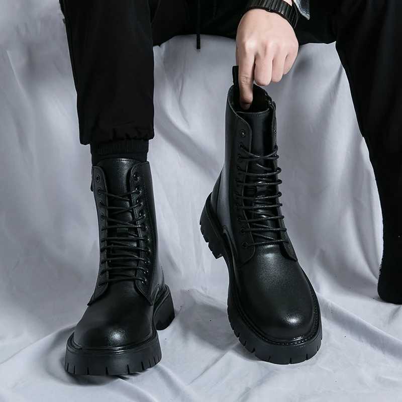 Black ankle mens lace up boots zipper Pu safety shoes motorcycle boots gray brown platform boots Z250303