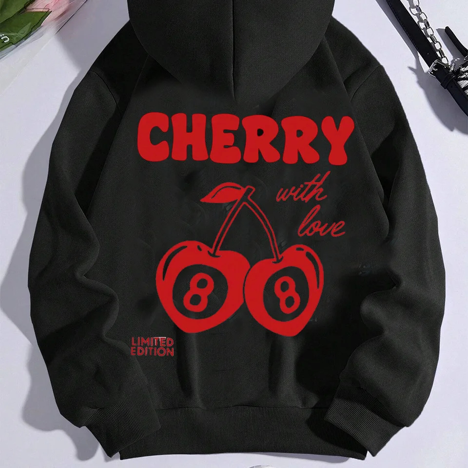 Cherry Print LongSleeved Sweater Women Spring Autumn Drawstring Hoodie Casual Vintage Ladies Basic Wear Hooded Tracksuit Tops 250303