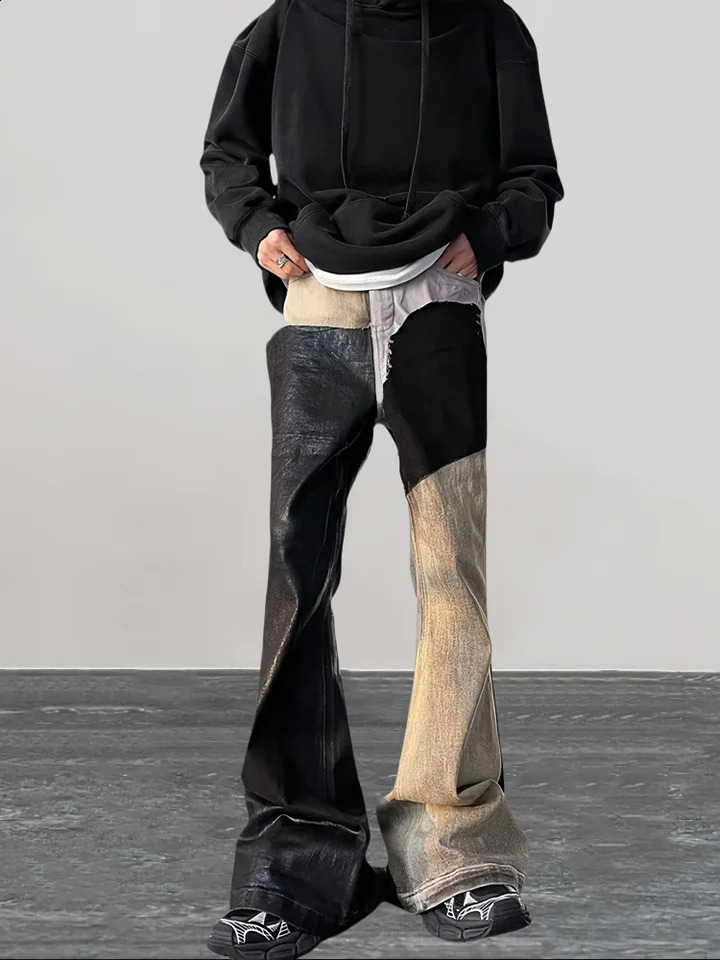2024 Y2K Fashion Coating waxing Patchwork Old Baggy Flare Jeans Pants Men 90s Clothes Vintage Long Trousers Pantalones Hombre 250228