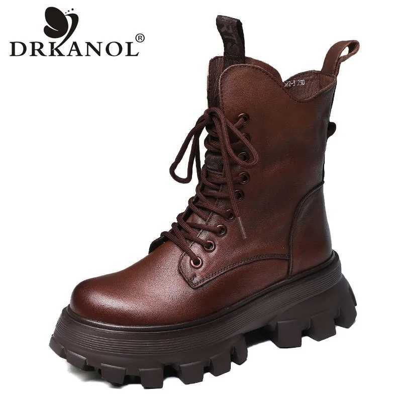 Drkanol handmade womens boots luxury 100% genuine cowhide leather wedge platform heel plush warm mid calf boots womens boots Z250303