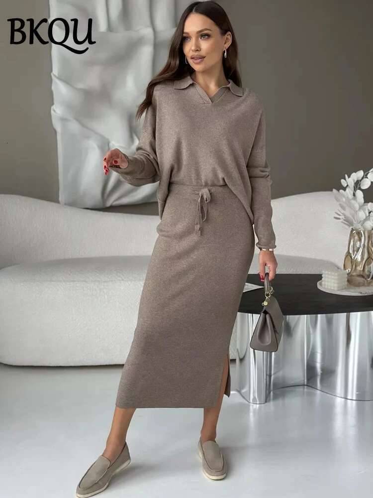 Lace-Up Knitted Two Piece Sets Women Elegant Long Sleeve Lapel Sweater+Split Midi Skirt Winter Lady Chic Warm Outfits