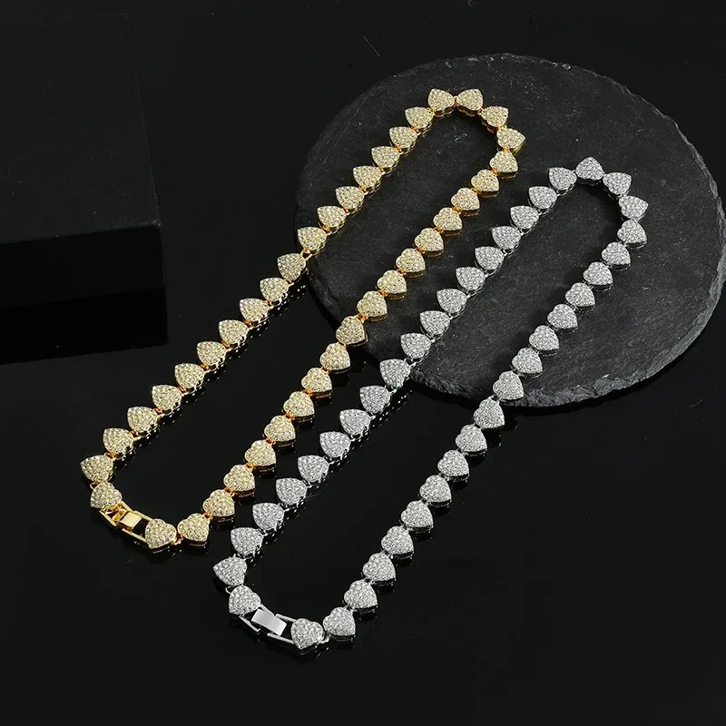 Hip Hop Heart Shape Cubin Chain Gold Plated Necklace For Full Crystal Stone Iced Out Men Jewelry