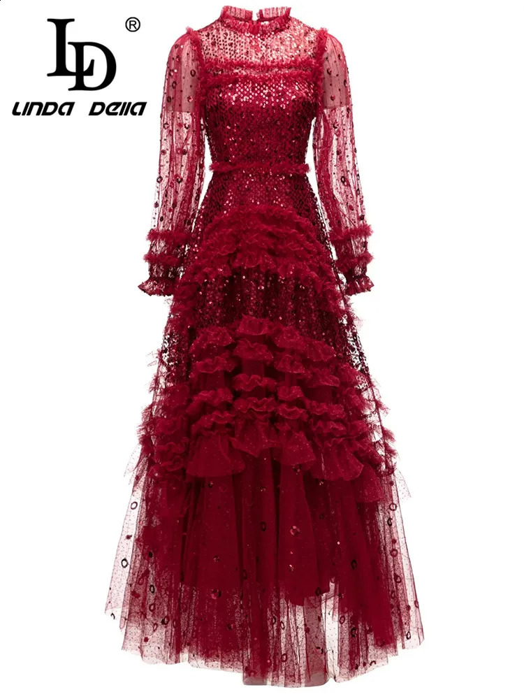 LD LINDA DELLA Style Fashion ner multicolor Dress Womens Extra large Sequins Cascading Ruffle Lace Splice Long 250228