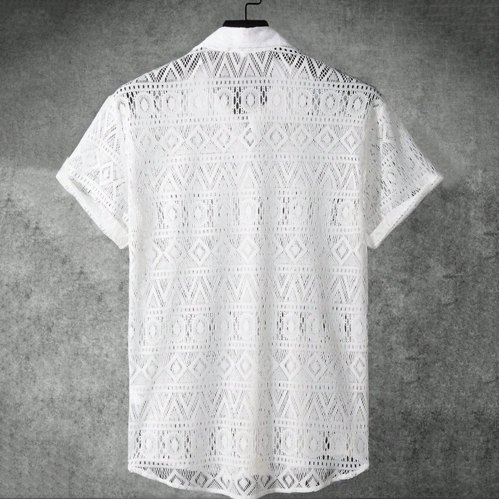 Mens Hollow Out Lace Shirts Short Sleeve Lapel Button Down Shirt Blouses Summer Lace Breathable White Blouses Tops Streetwear 250224