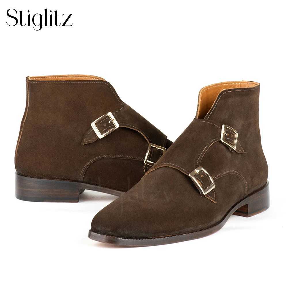 Double Monk Strap Ankle Boots Brown Suede British Style Booties Handmade Ankle Boots Customized Luxury High Quality Mens Shoes Z250303
