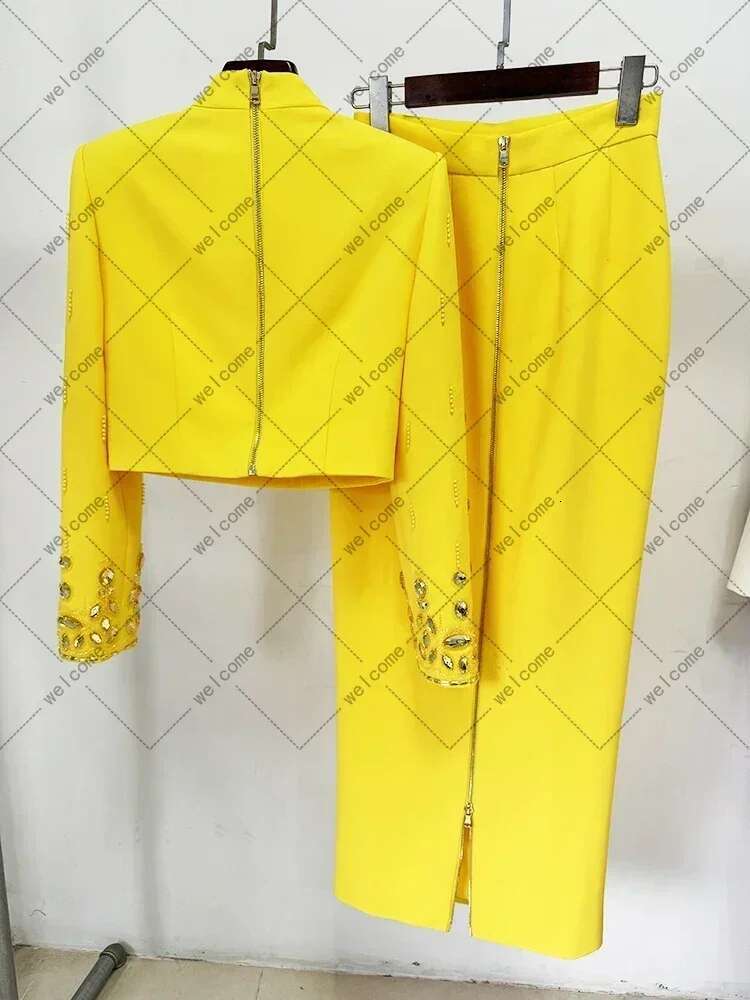 Newest 2025 Designer Runway Suit Women's Stand Collar Zip Back Cropped Tops Long Skirt Set 2Pcs