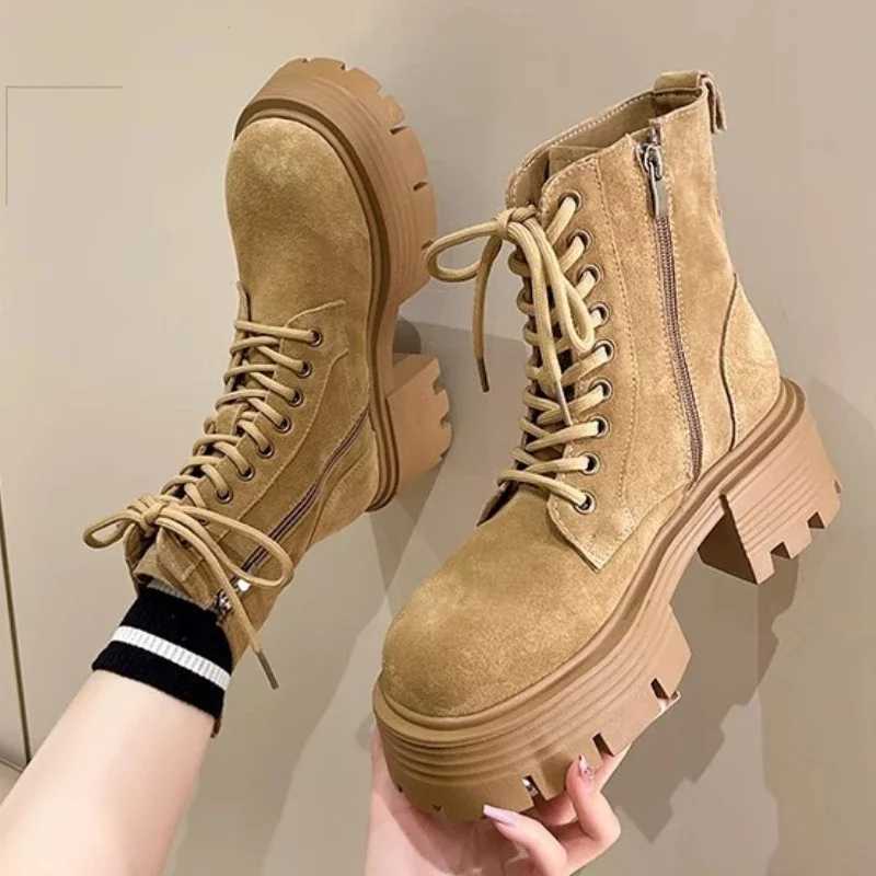 Laces Ankle Boots Women Fashion Leather Suede Platform Boots Side Zipper Design Short Boots British Style Ladies Snow Boot Z250303